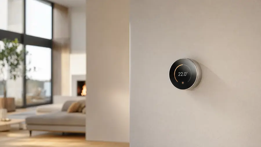 Wall-mounted smart thermostat in a modern living room
